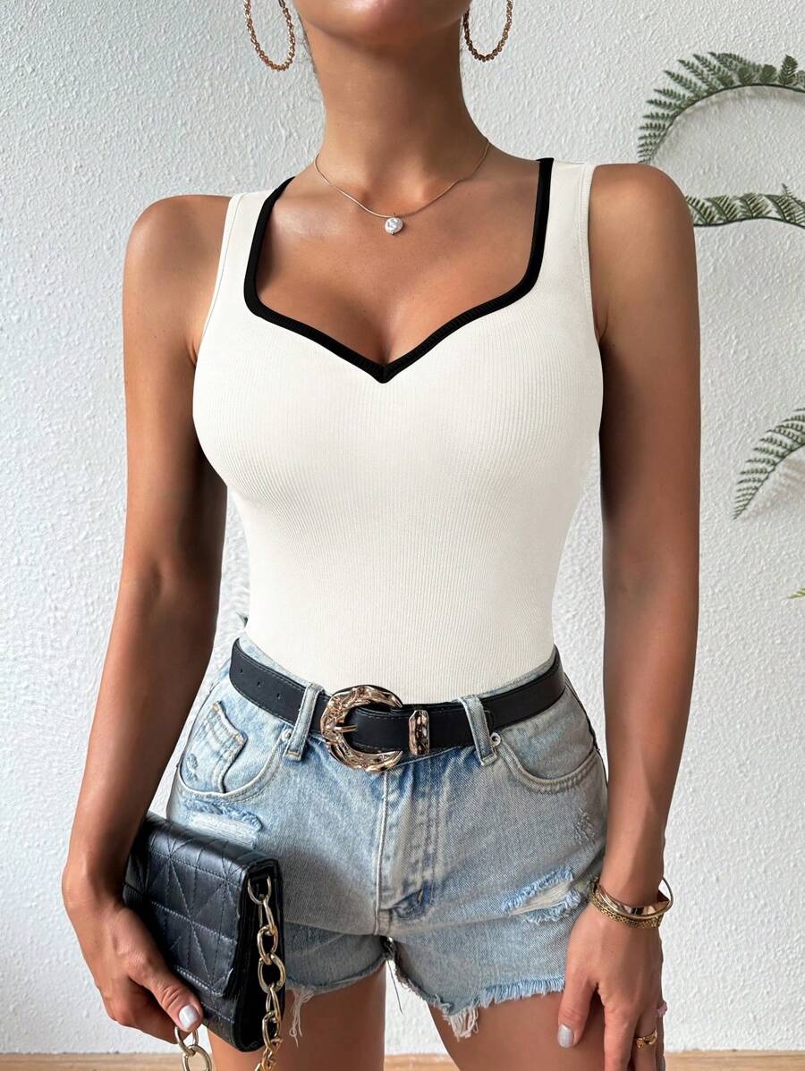 Ribbed knit sweetheart neckline tank tops for women – Sleeveless summer top