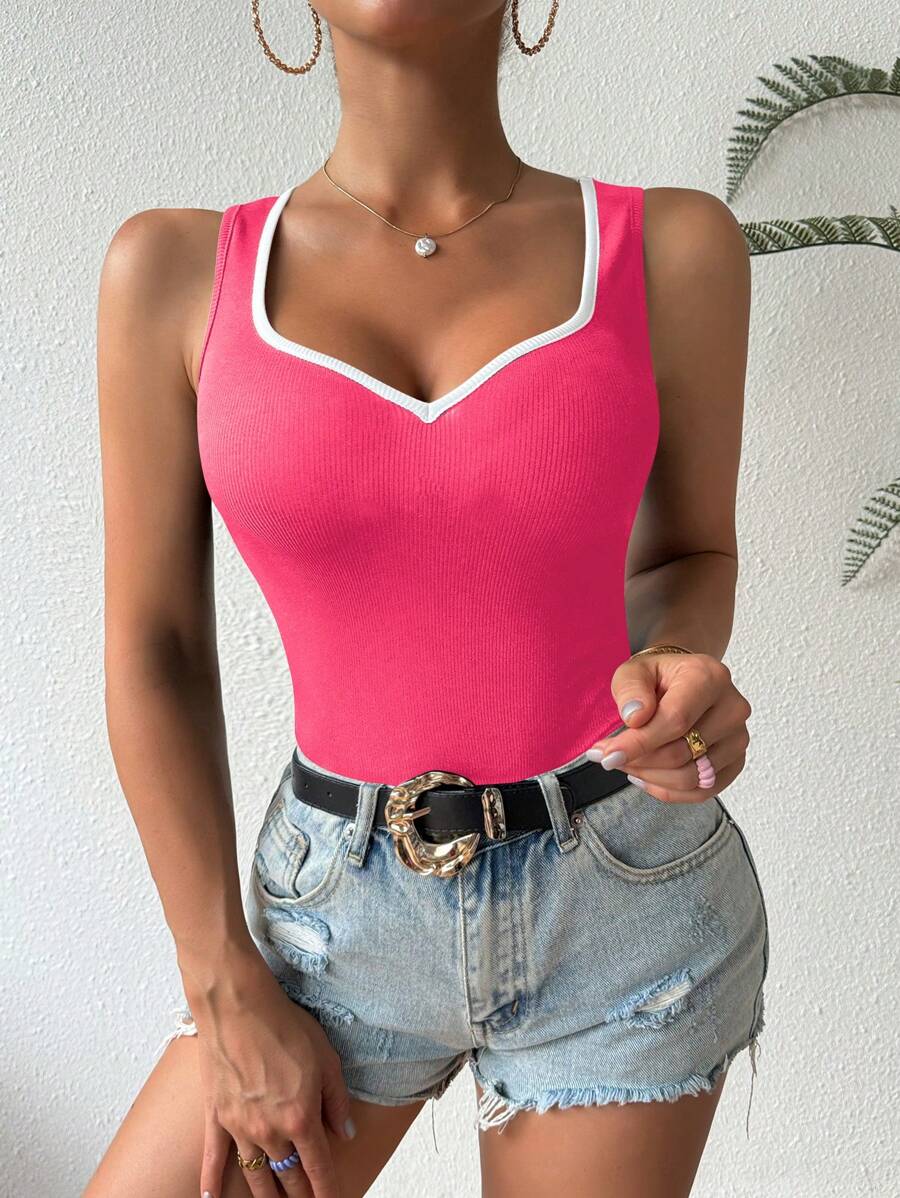 Ribstrikkede tanktoppe med hjerteudskæring til kvinder – afslappet slim fit top