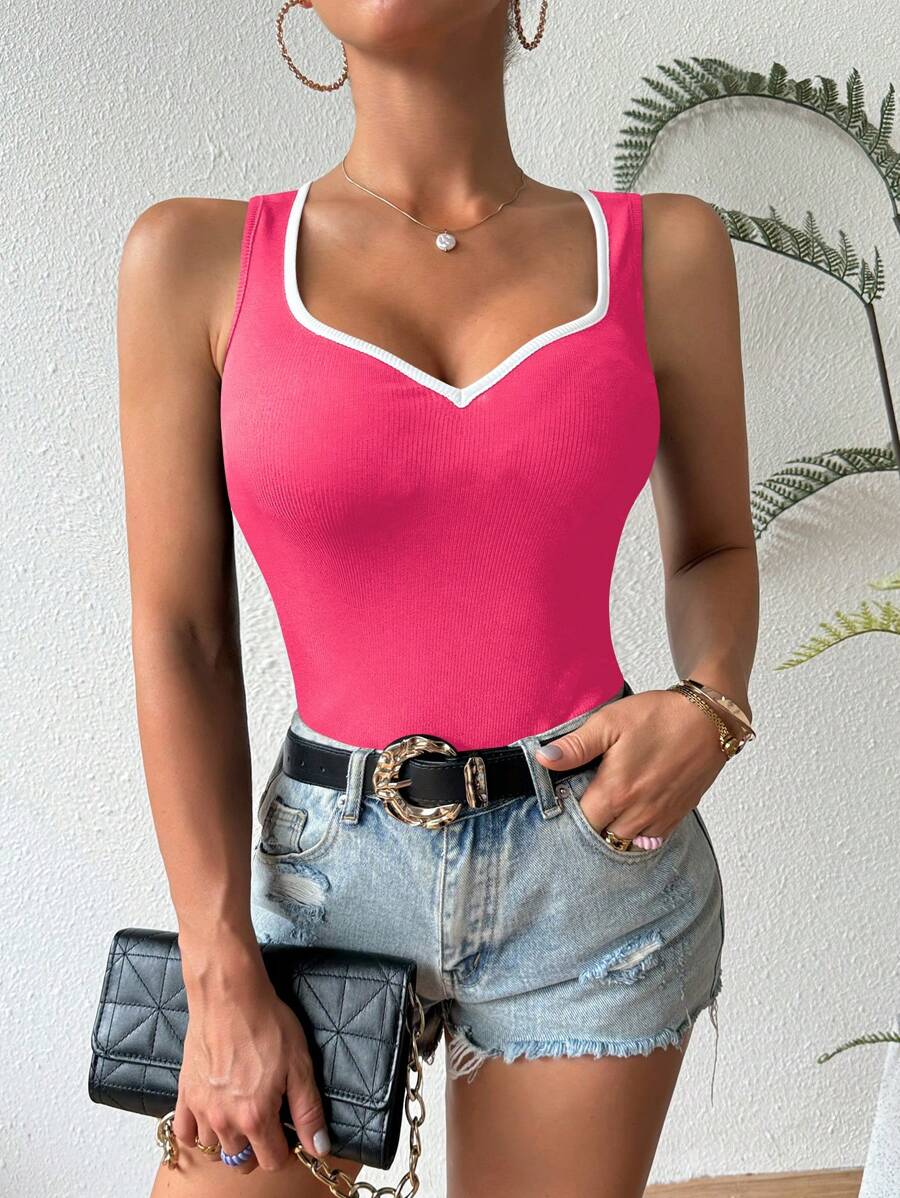 Ribbed knit sweetheart neckline tank tops for women – Sleeveless summer top