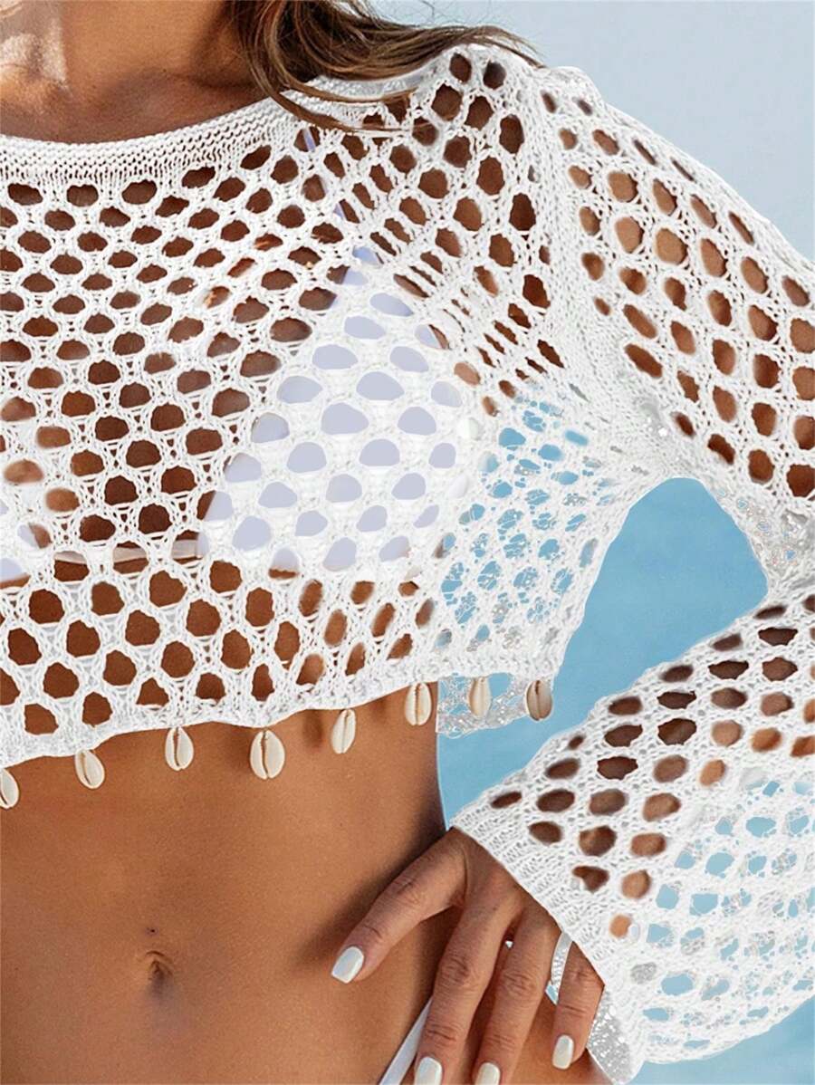 Knitted beach swimsuit covers adorned with shells for women