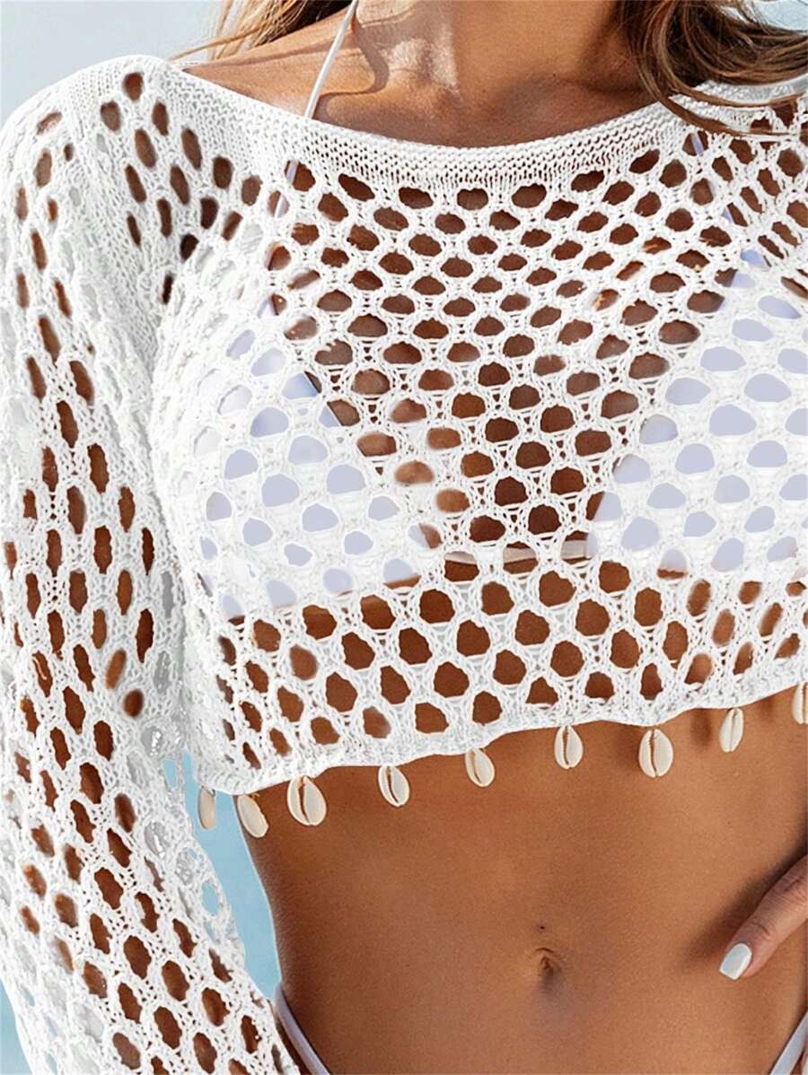 Knitted beach swimsuit covers adorned with shells for women