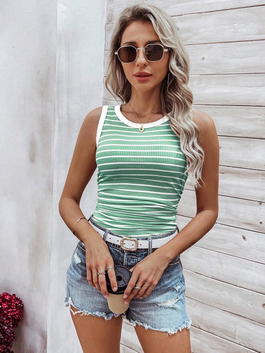 Ribbed striped knit tank tops for women – Casual summer top
