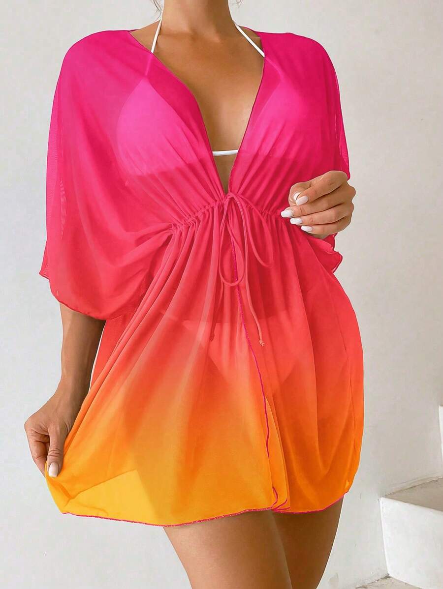 Kimono beach swimsuit cover-up in shaded mesh with batwing sleeves for women