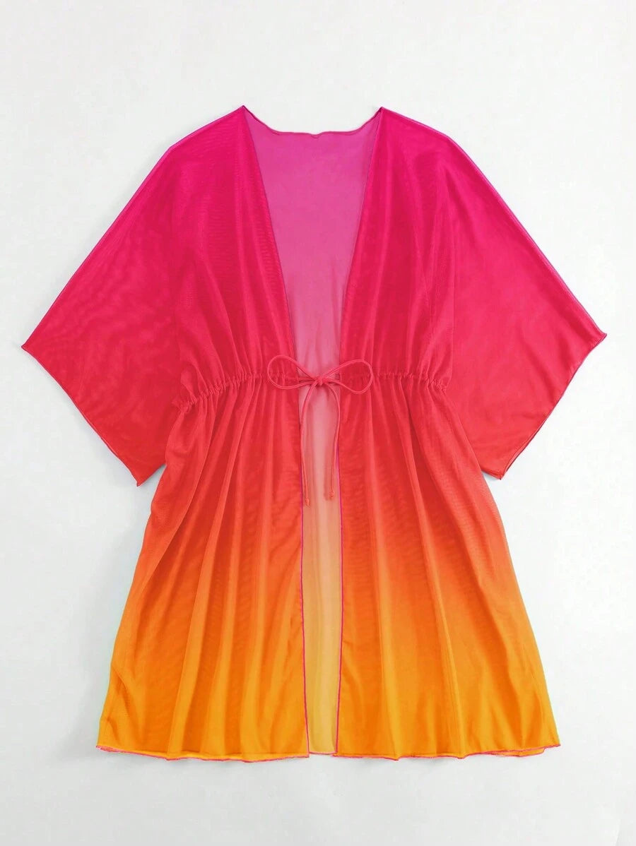 Kimono beach swimsuit cover-up in shaded mesh with batwing sleeves for women