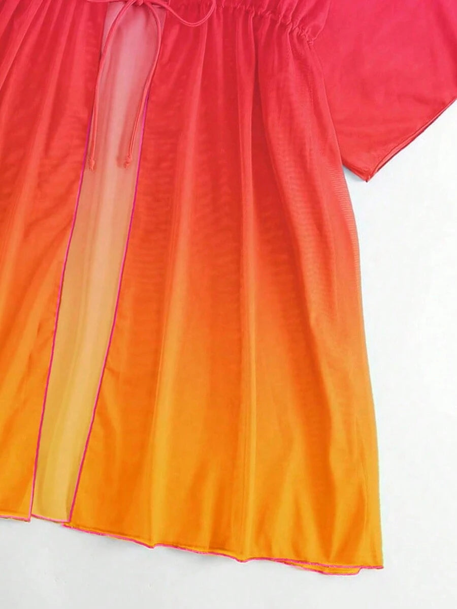 Kimono beach swimsuit cover-up in shaded mesh with batwing sleeves for women
