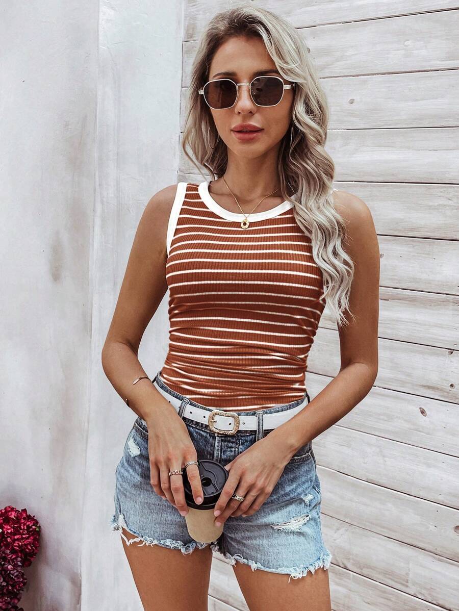 Ribbed striped knit tank tops for women – Casual summer top