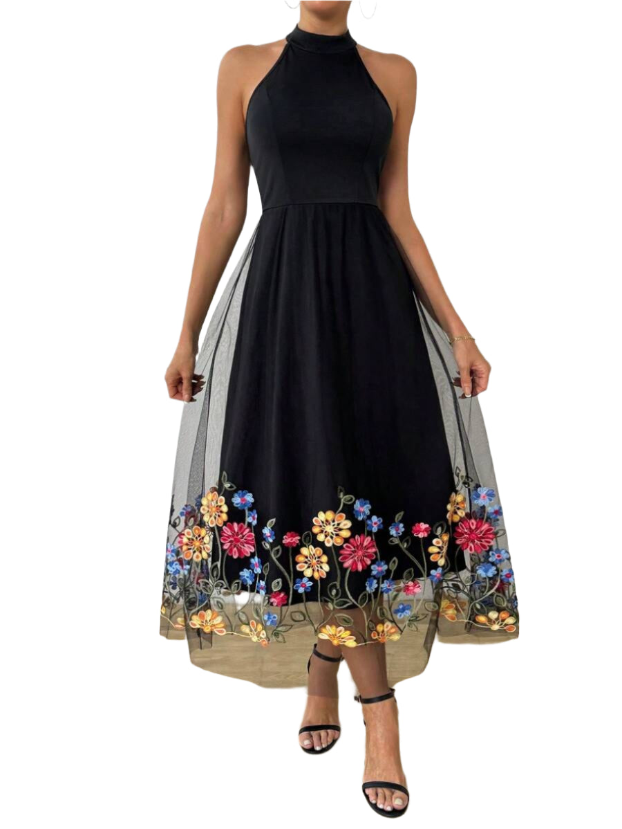 Elegant floral midi dress with embroidery and tulle veil for women