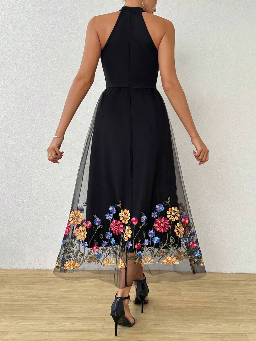 Elegant floral midi dress with embroidery and tulle veil for women