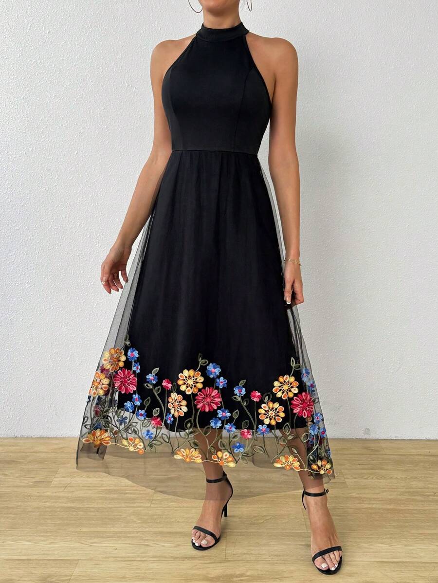 Elegant floral midi dress with embroidery and tulle veil for women