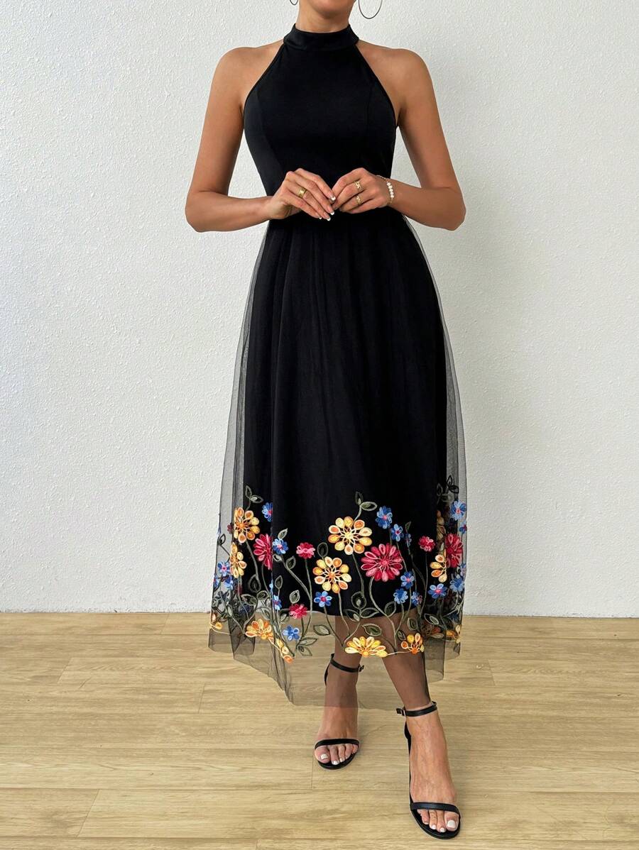 Elegant floral midi dress with embroidery and tulle veil for women