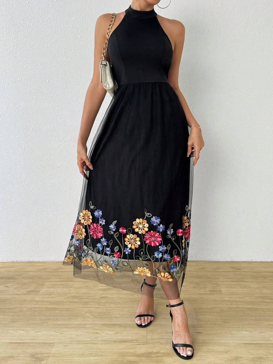 Elegant floral midi dress with embroidery and tulle veil for women