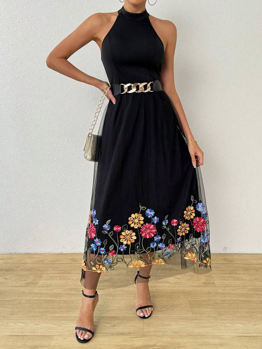 Elegant floral midi dress with embroidery and tulle veil for women