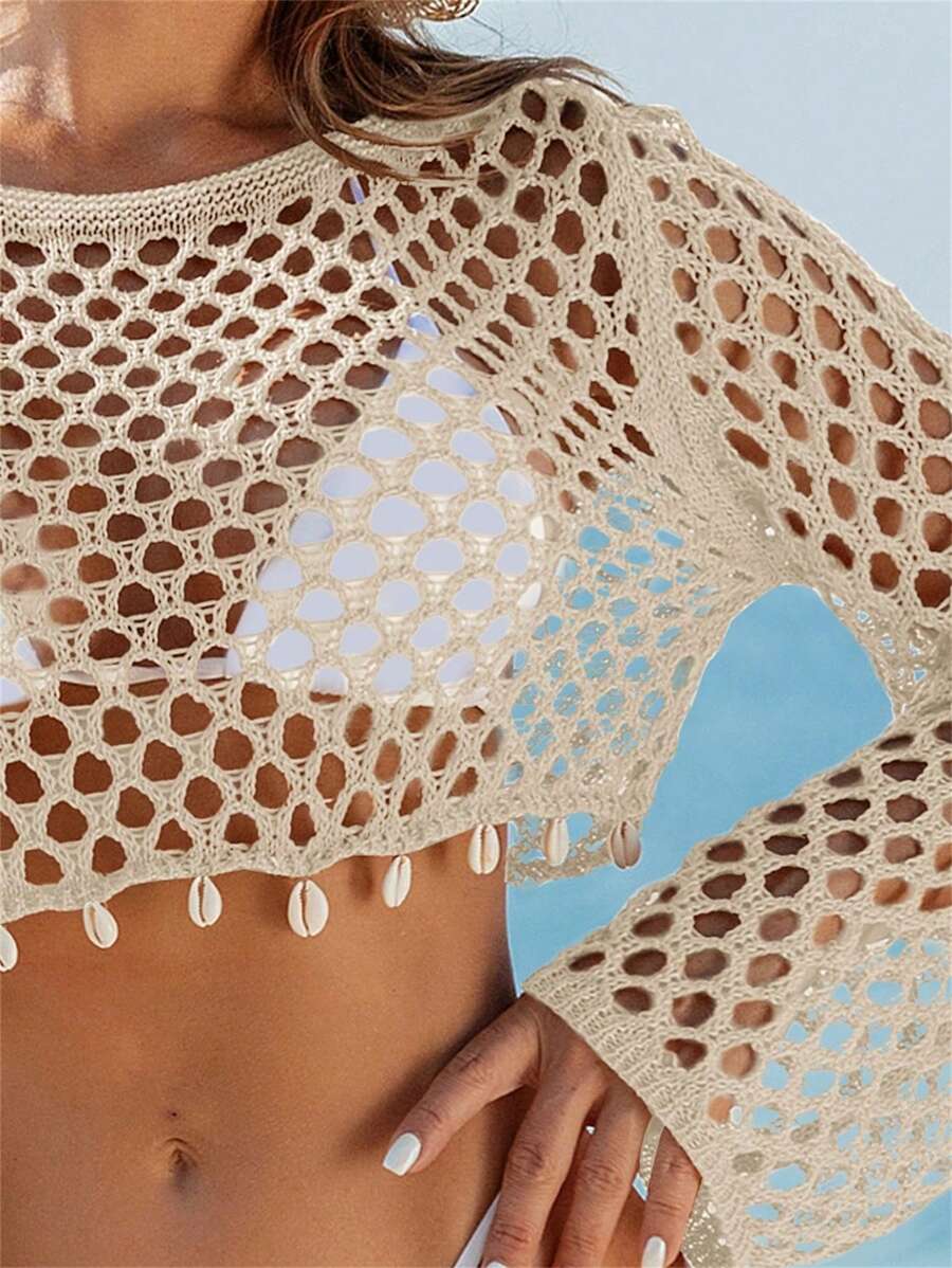 Knitted beach swimsuit covers adorned with shells for women