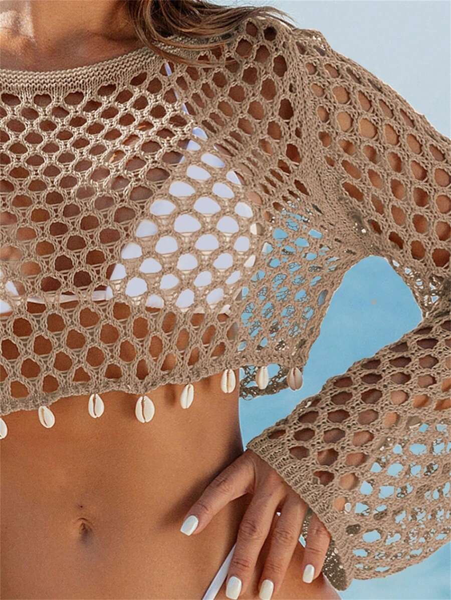 Knitted beach swimsuit covers adorned with shells for women