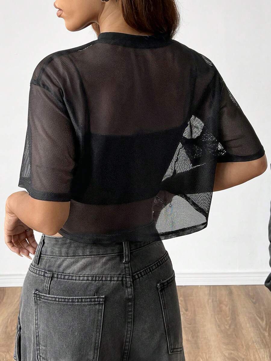 Loose transparent mesh top with short sleeves for women