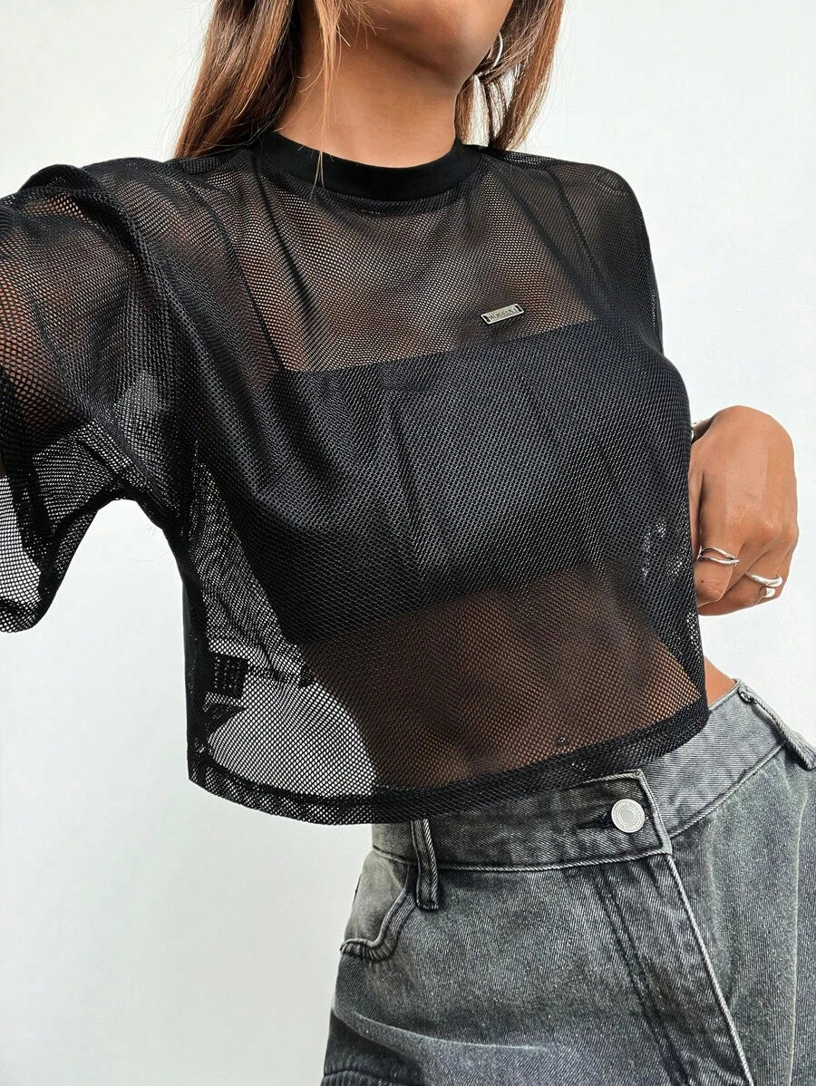 Loose transparent mesh top with short sleeves for women