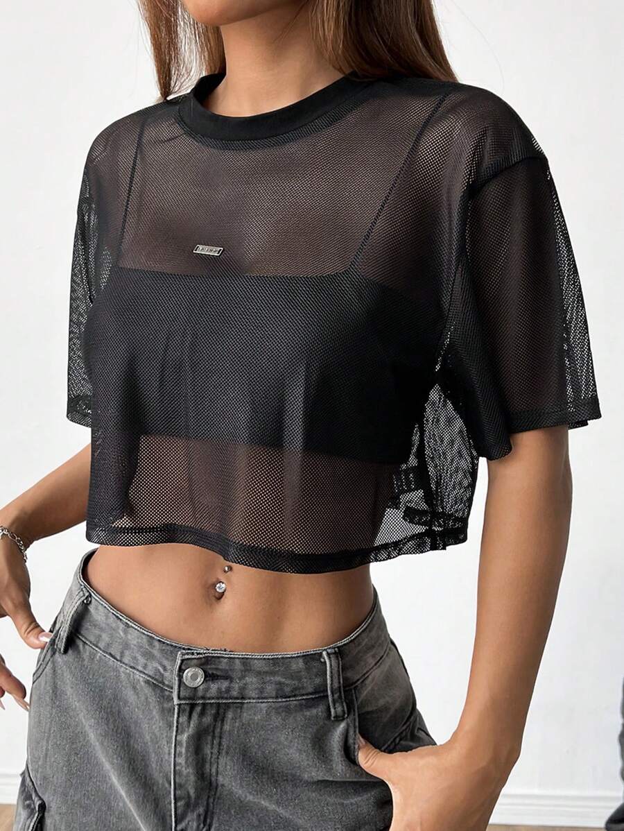 Loose transparent mesh top with short sleeves for women