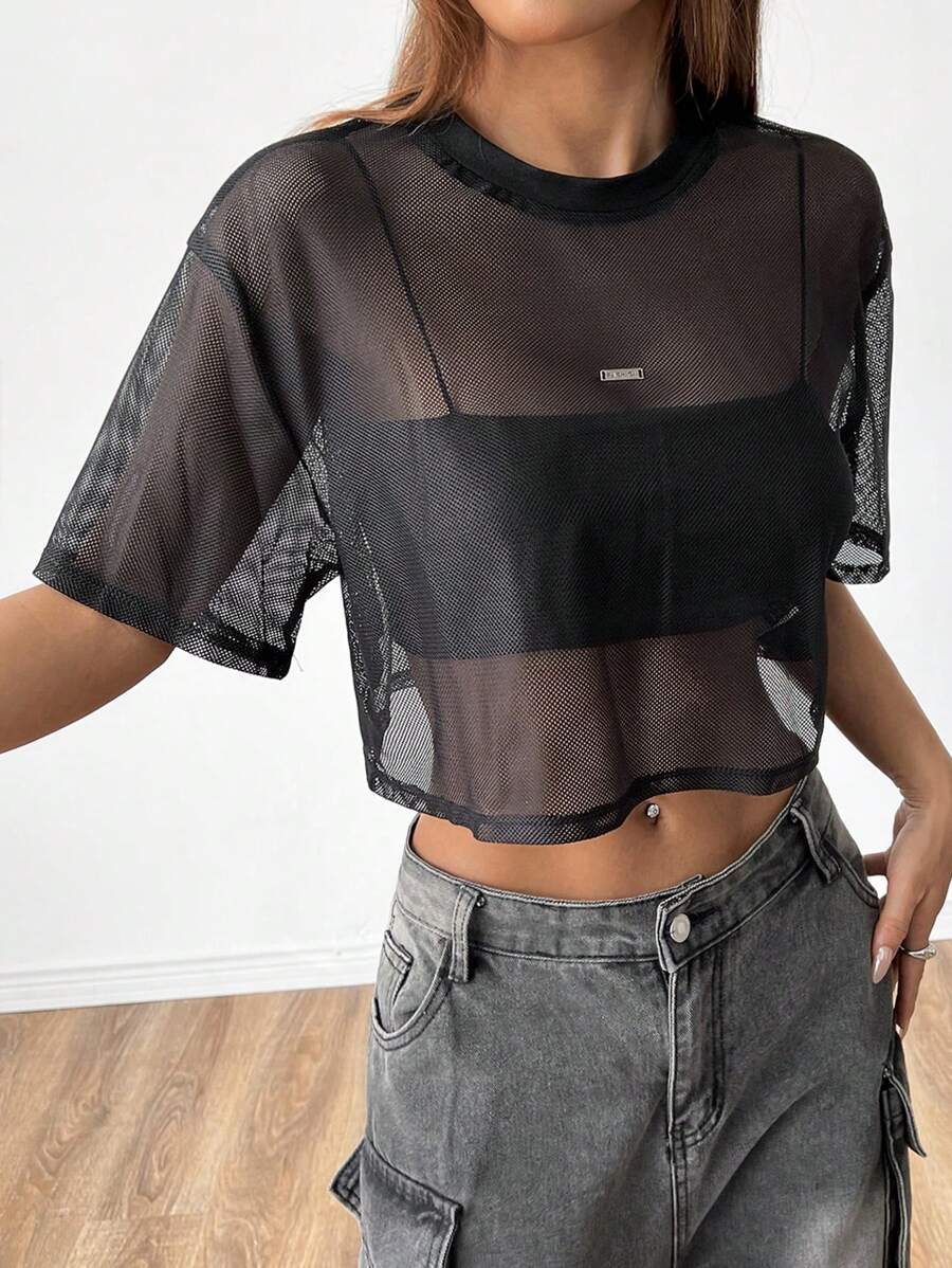 Loose transparent mesh top with short sleeves for women