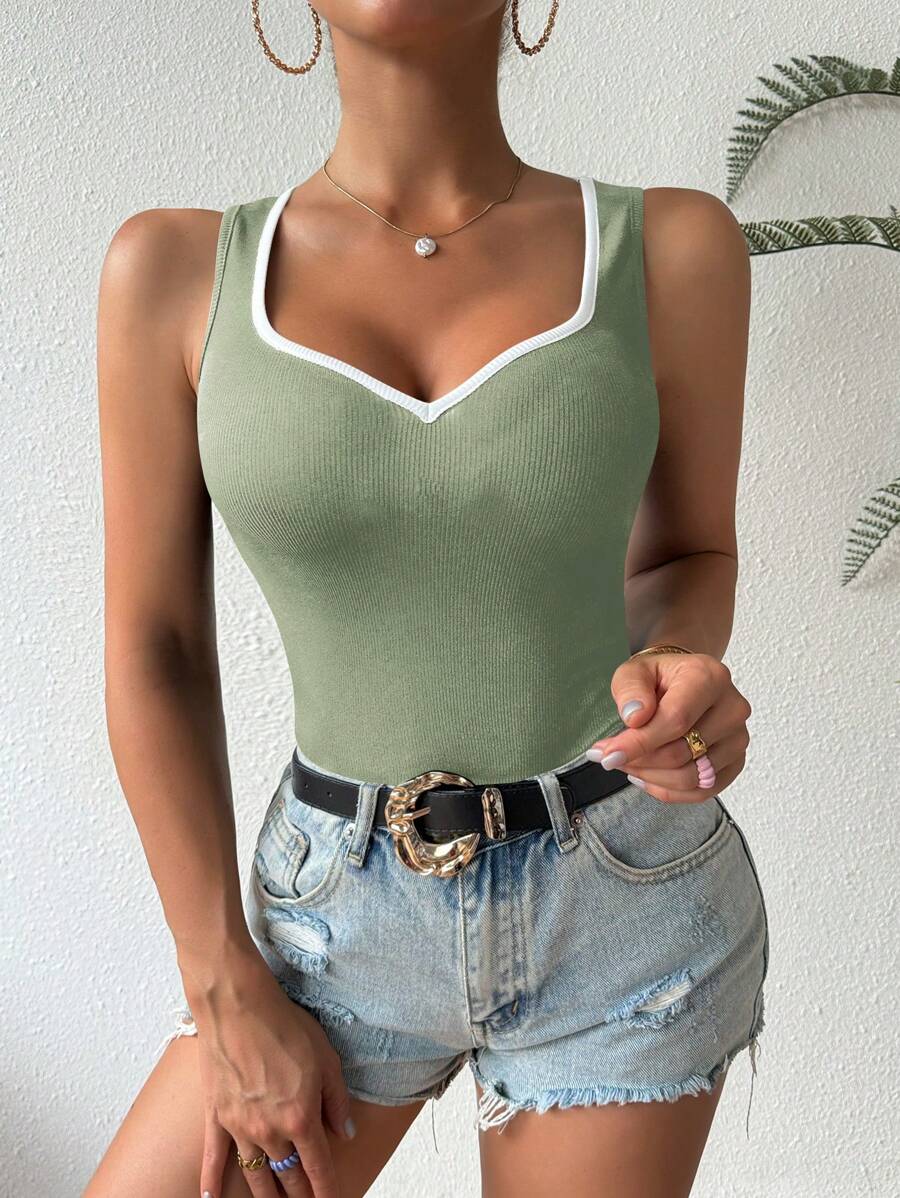 Ribbed knit sweetheart neckline tank tops for women – Sleeveless summer top