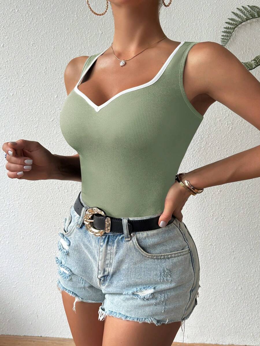 Ribbed knit sweetheart neckline tank tops for women – Sleeveless summer top