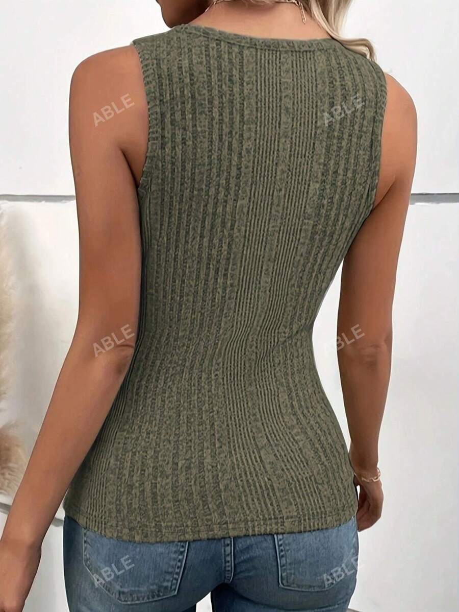 Ribbed knit tank tops buttoned at the front – Casual round neck for summer