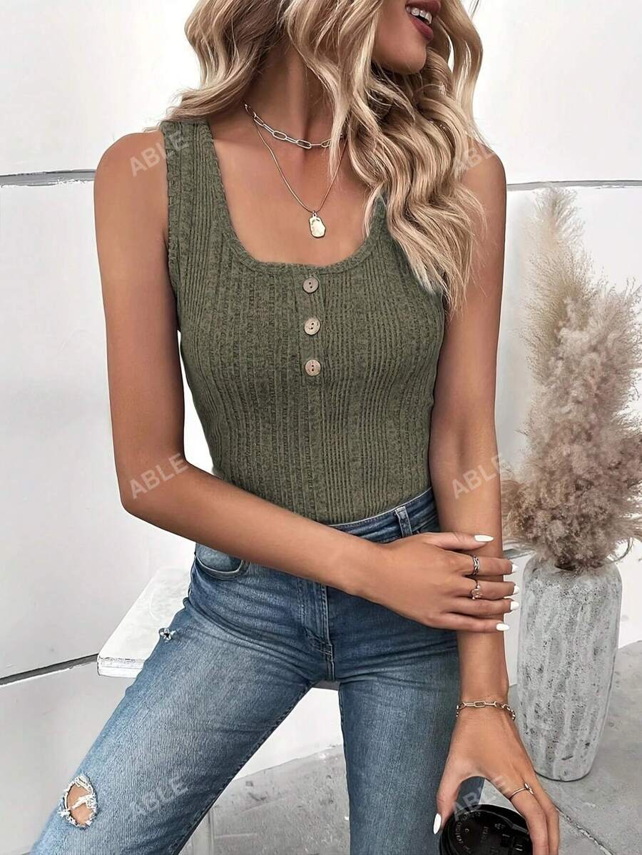 Ribbed knit tank tops buttoned at the front – Casual round neck for summer