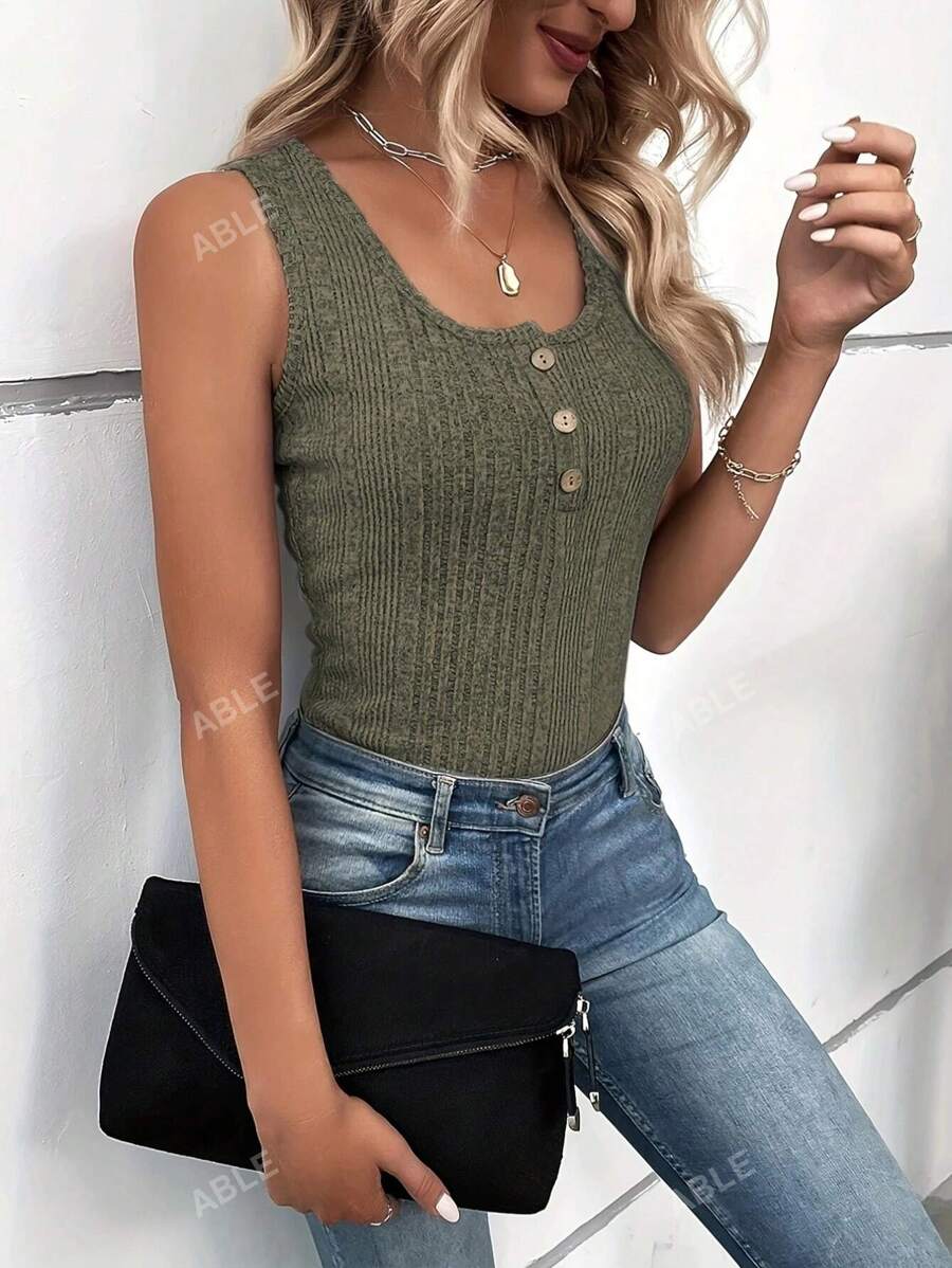 Ribbed knit tank tops buttoned at the front – Casual round neck for summer