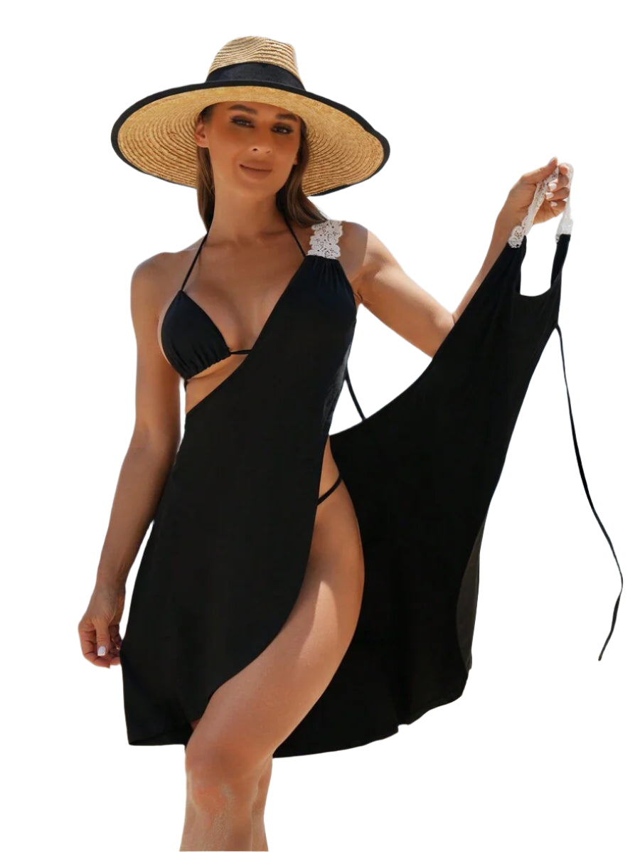 Asymmetric knitted beach cover-up dress with deep V-neck for women