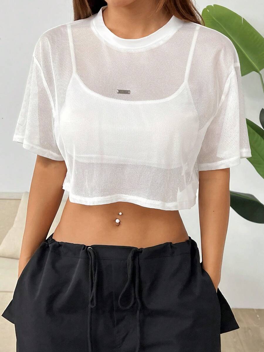 Loose transparent mesh top with short sleeves for women