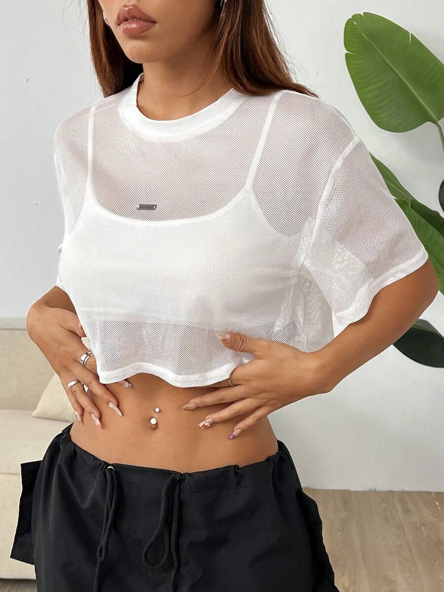 Loose transparent mesh top with short sleeves for women
