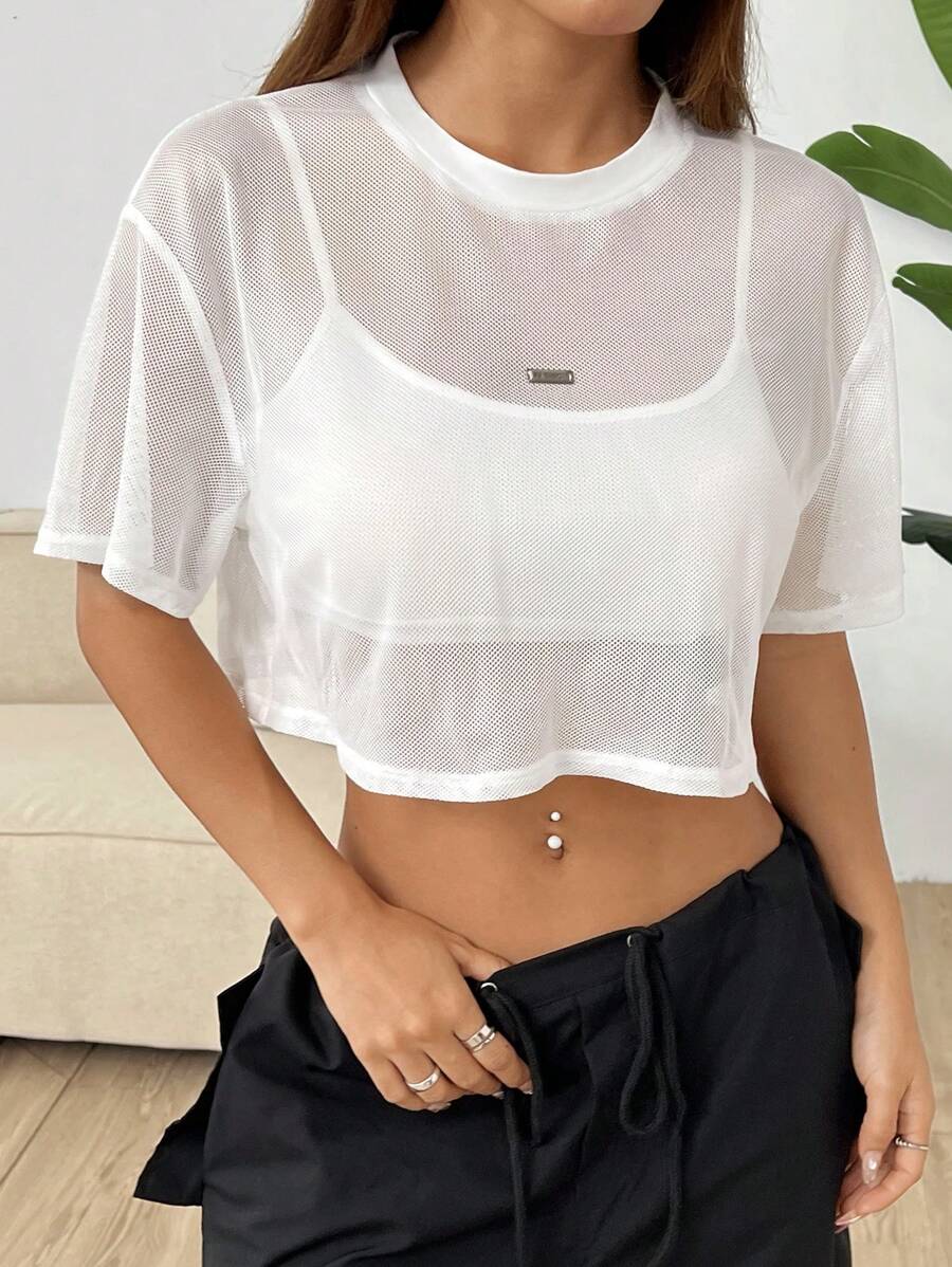 Loose transparent mesh top with short sleeves for women
