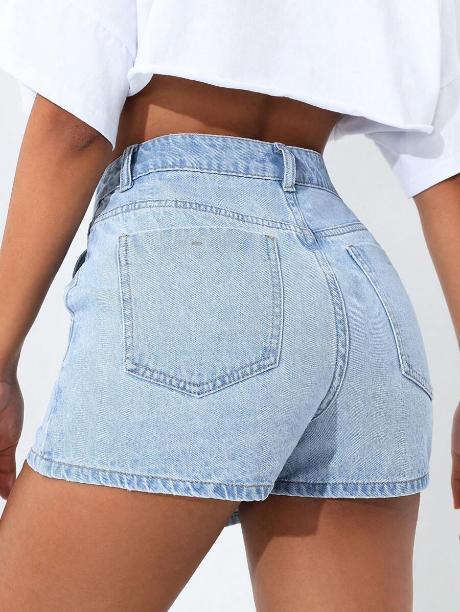 Mini-jupe en jean taille haute avec bouton sur le devant pour femme