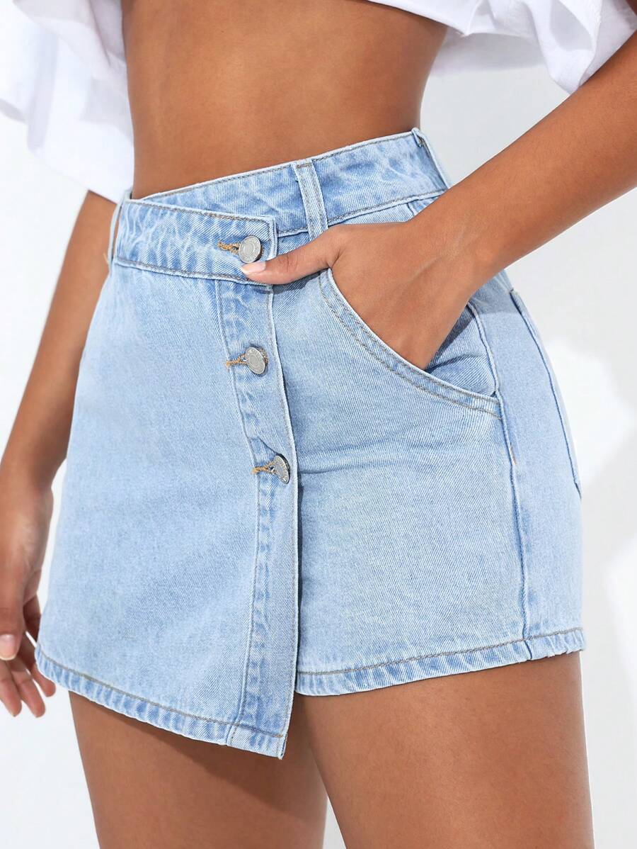 Mini-jupe en jean taille haute avec bouton sur le devant pour femme