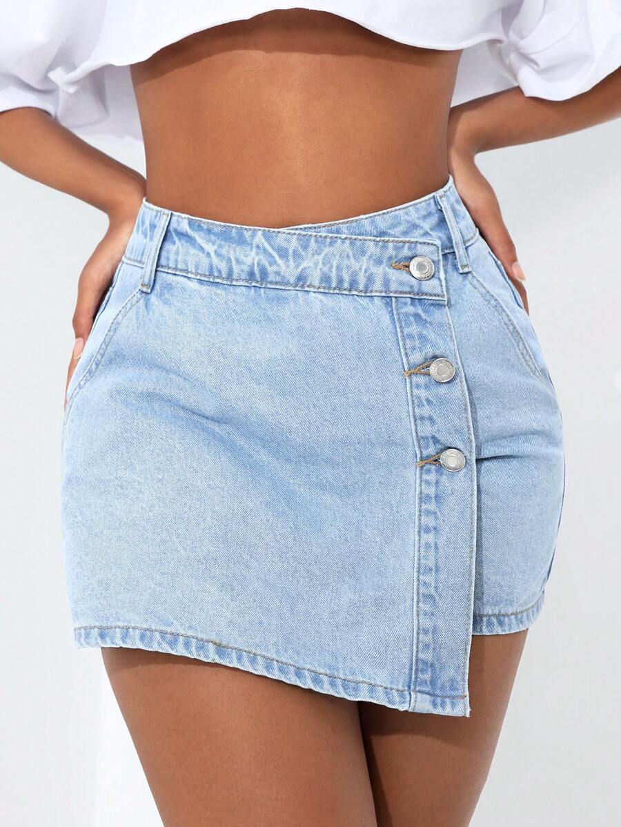 Mini-jupe en jean taille haute avec bouton sur le devant pour femme