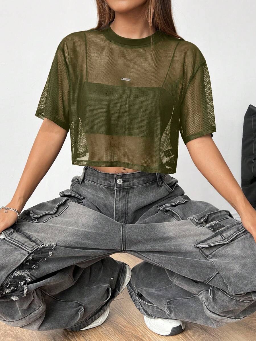 Loose transparent mesh top with short sleeves for women