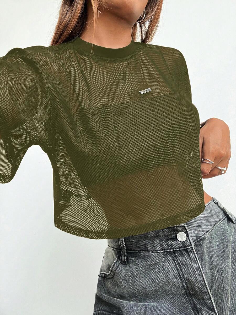 Loose transparent mesh top with short sleeves for women