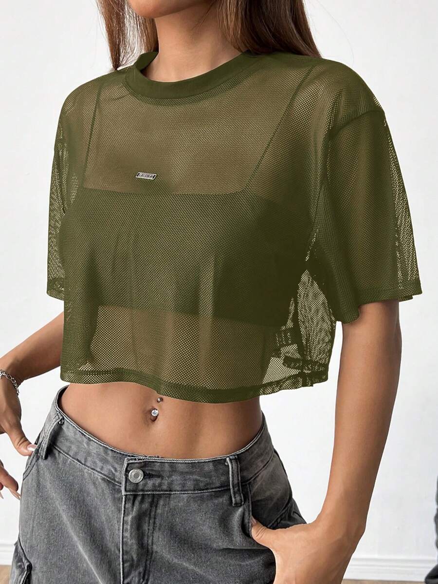 Loose transparent mesh top with short sleeves for women