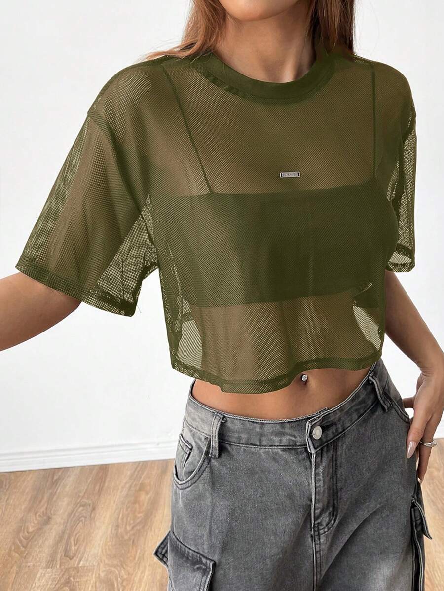 Loose transparent mesh top with short sleeves for women