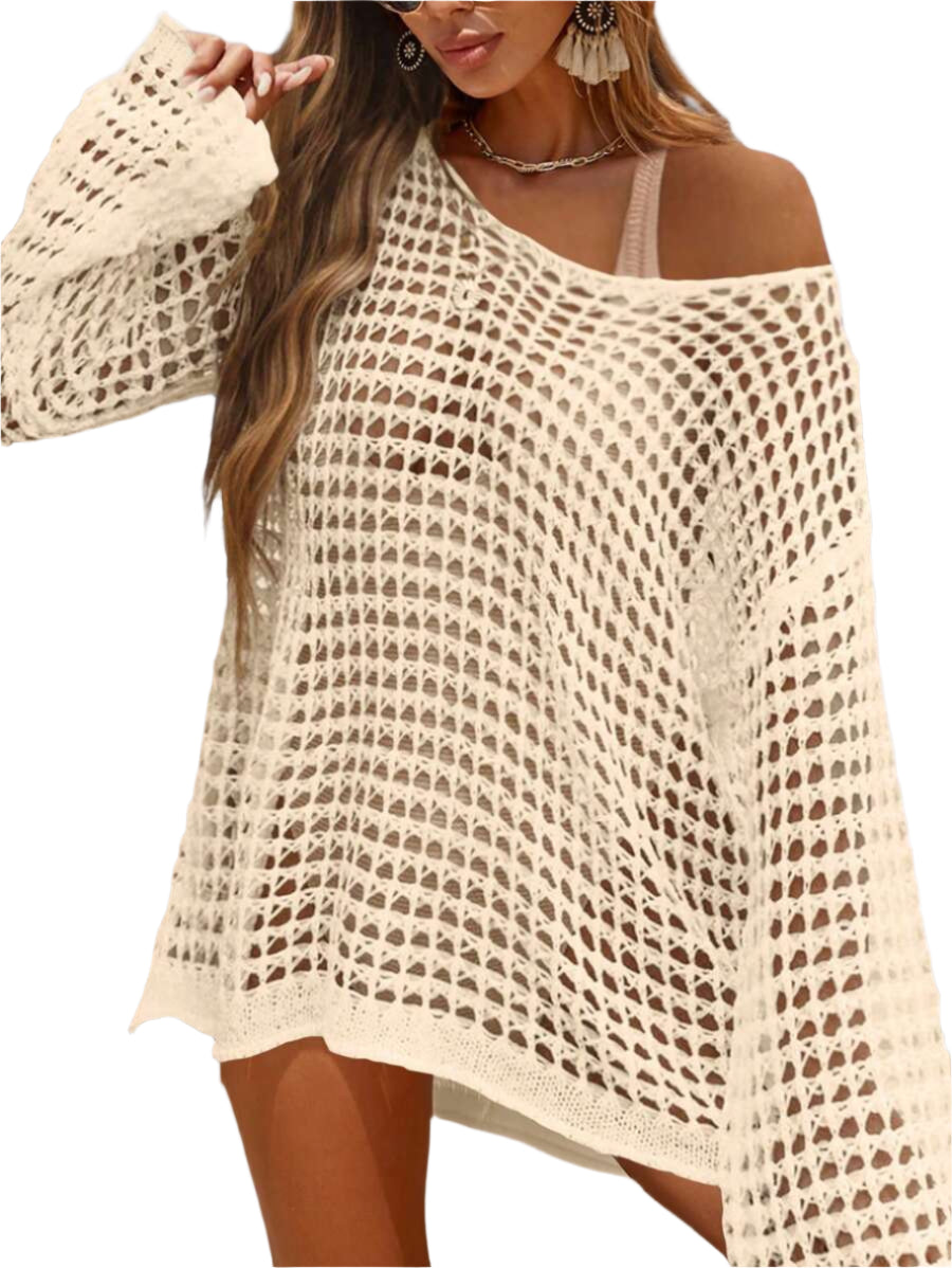 Long-sleeve openwork knit beach cover-up for women