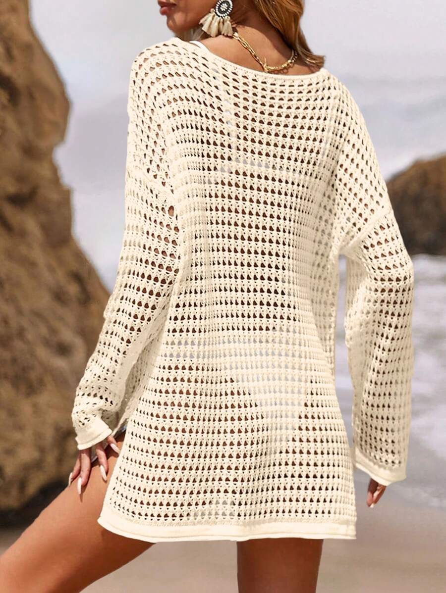 Long-sleeve openwork knit beach cover-up for women