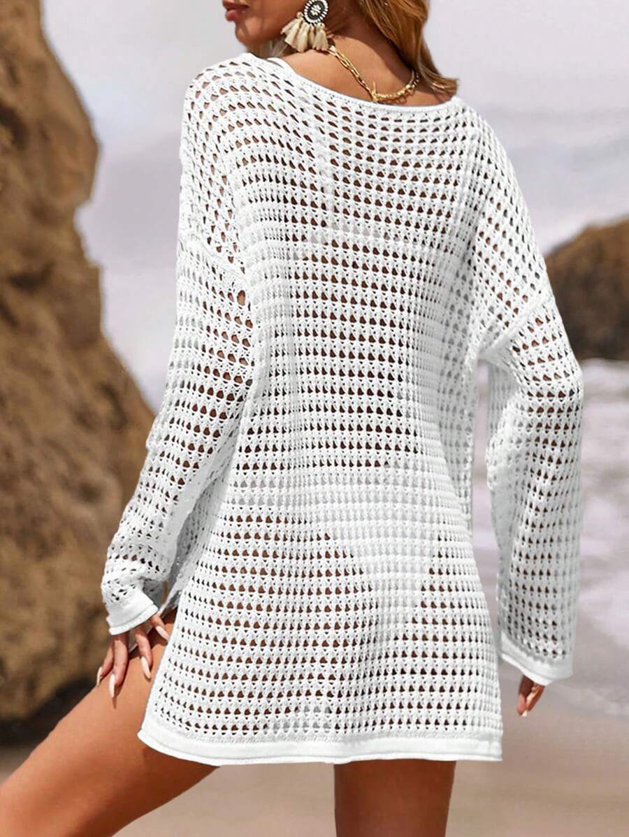 Long-sleeve openwork knit beach cover-up for women