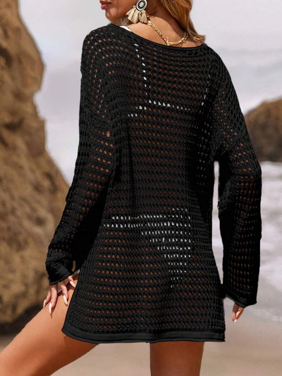 Long-sleeve openwork knit beach cover-up for women