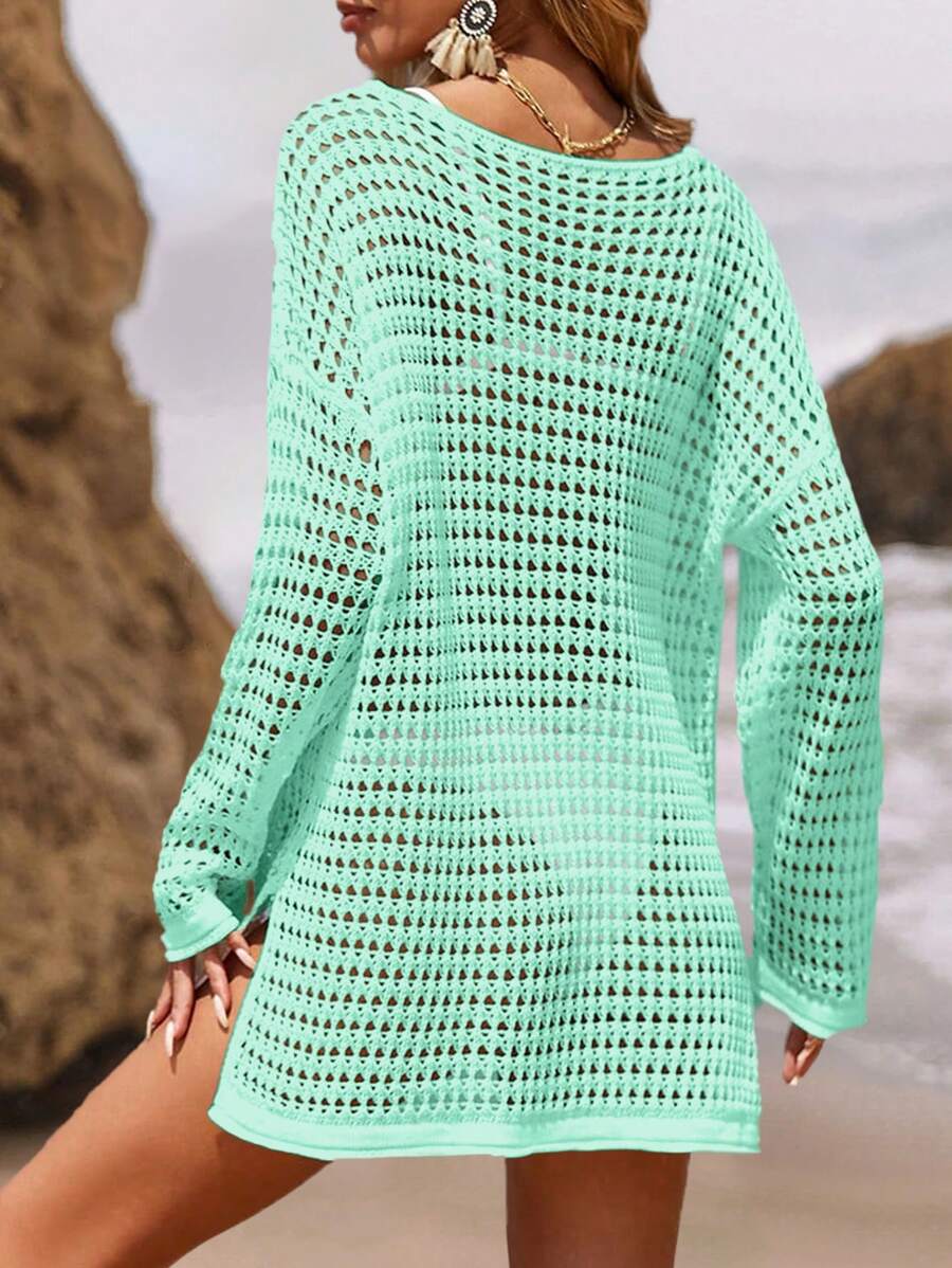 Long-sleeve openwork knit beach cover-up for women
