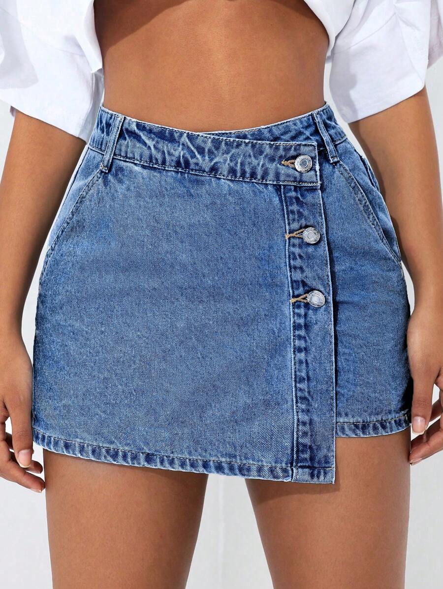Mini-jupe en jean taille haute avec bouton sur le devant pour femme
