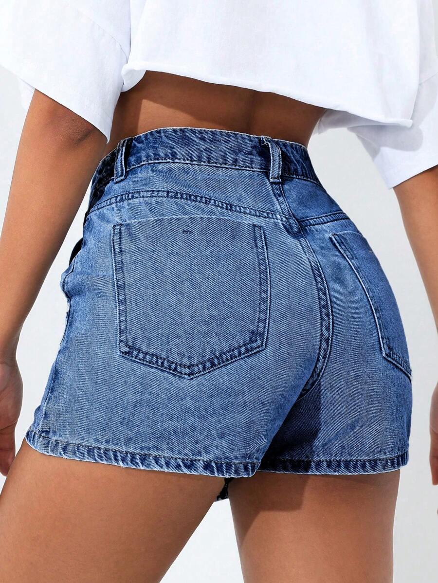 Mini-jupe en jean taille haute avec bouton sur le devant pour femme