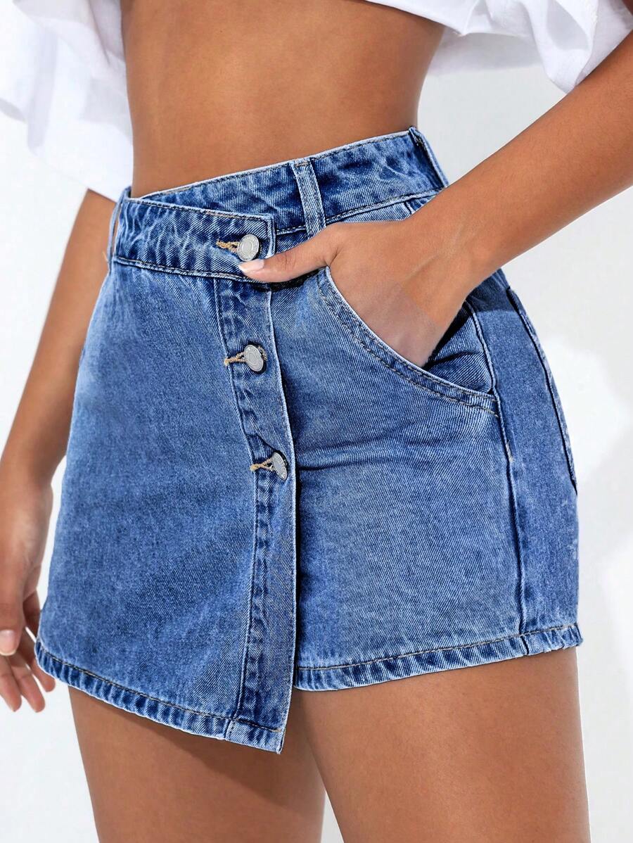 Mini-jupe en jean taille haute avec bouton sur le devant pour femme