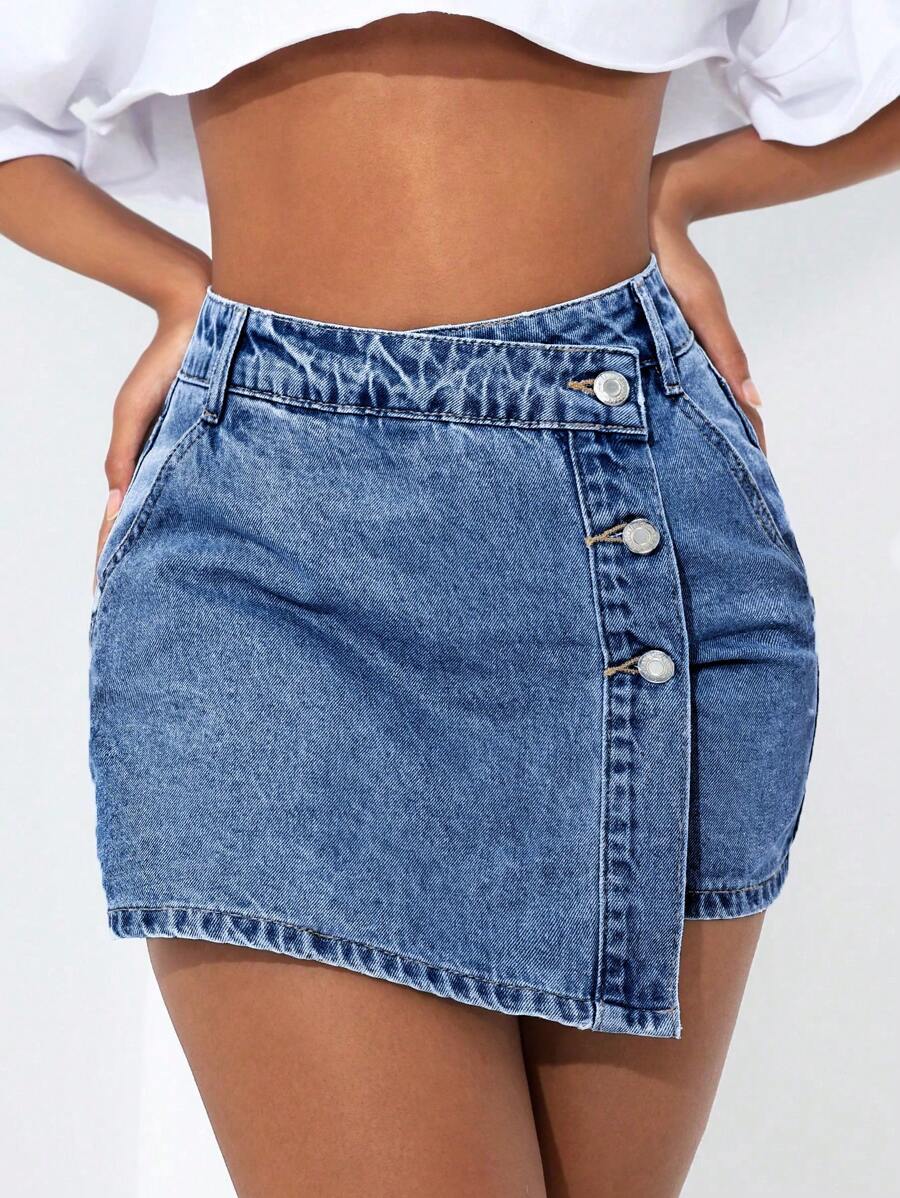Mini-jupe en jean taille haute avec bouton sur le devant pour femme