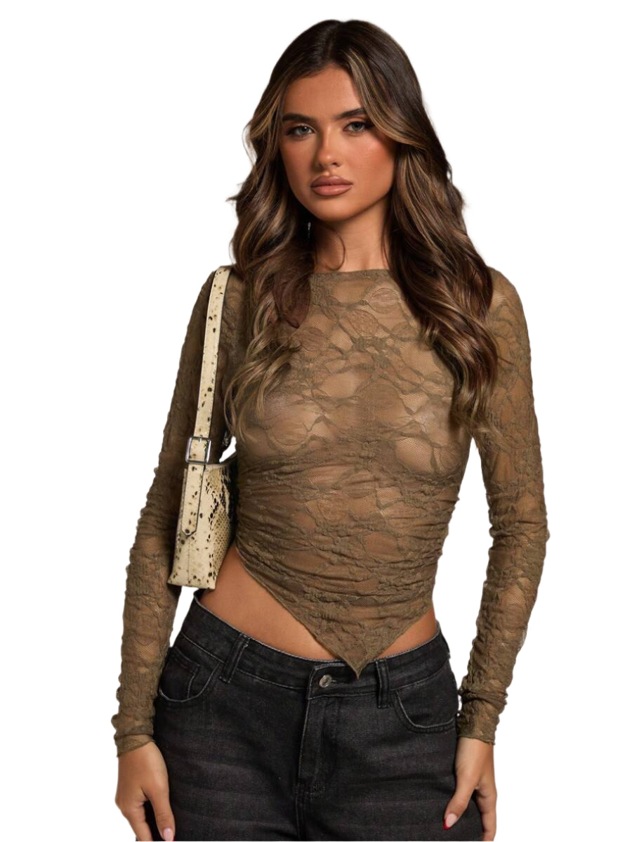 Short asymmetrical transparent mesh top with long sleeves for women