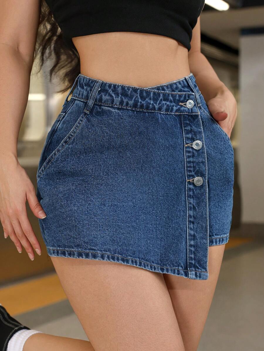 Mini-jupe en jean taille haute avec bouton sur le devant pour femme