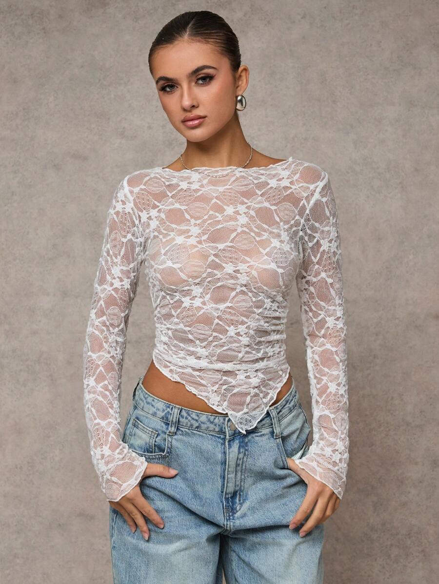 Short asymmetrical transparent mesh top with long sleeves for women